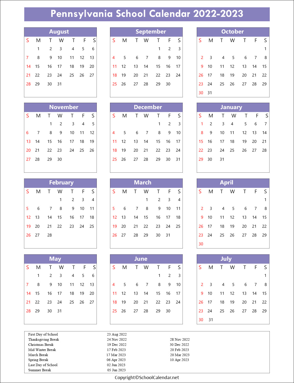 Pennsylvania School Calendar 2022