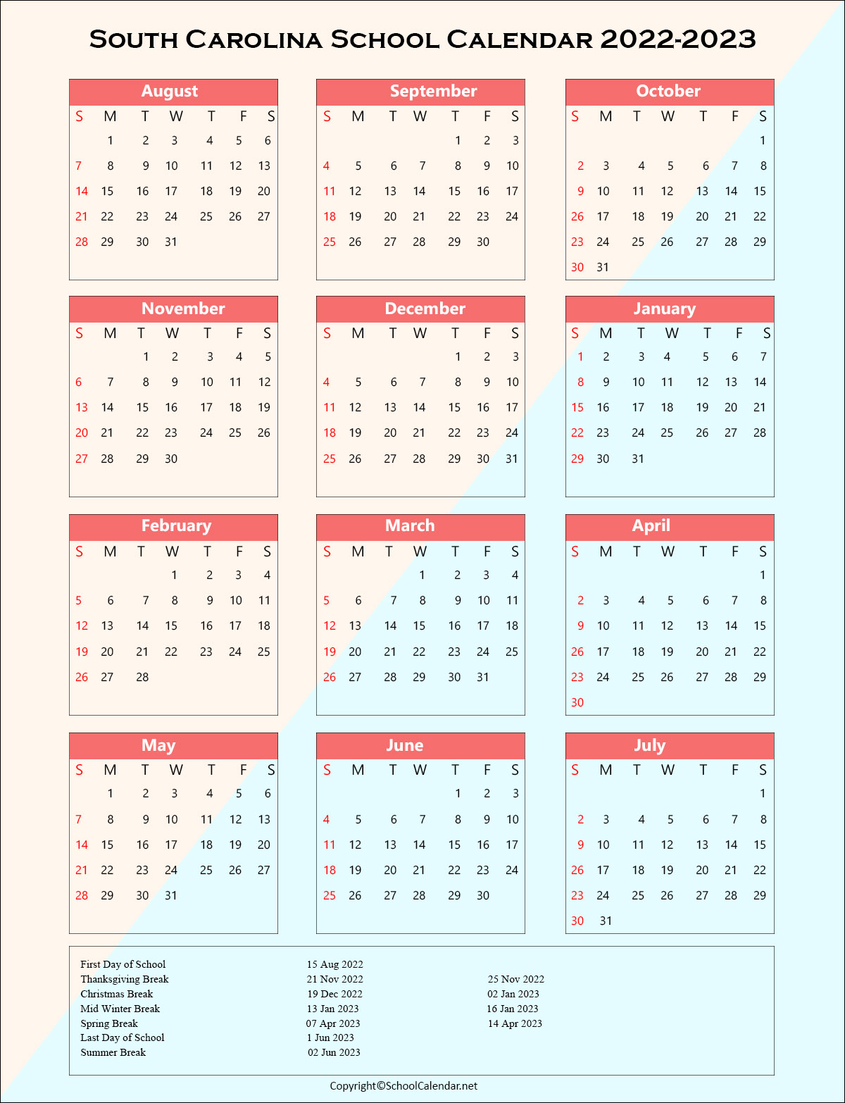 South-Carolina School Holiday Calendar 2022