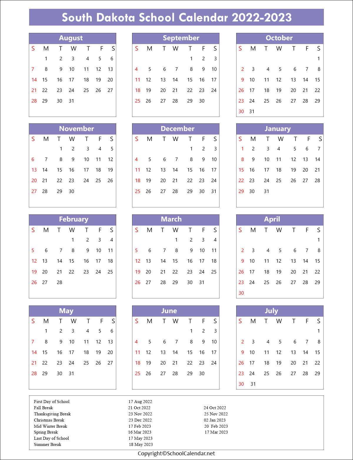 South-Dakota School Calendar 2022