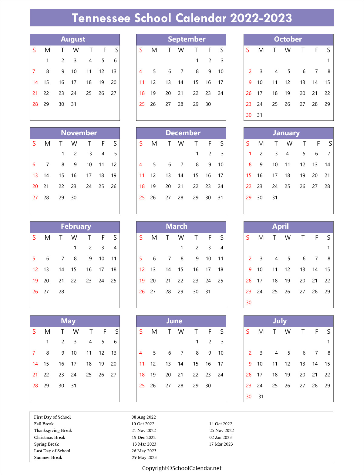 Tennessee School Calendar 2022