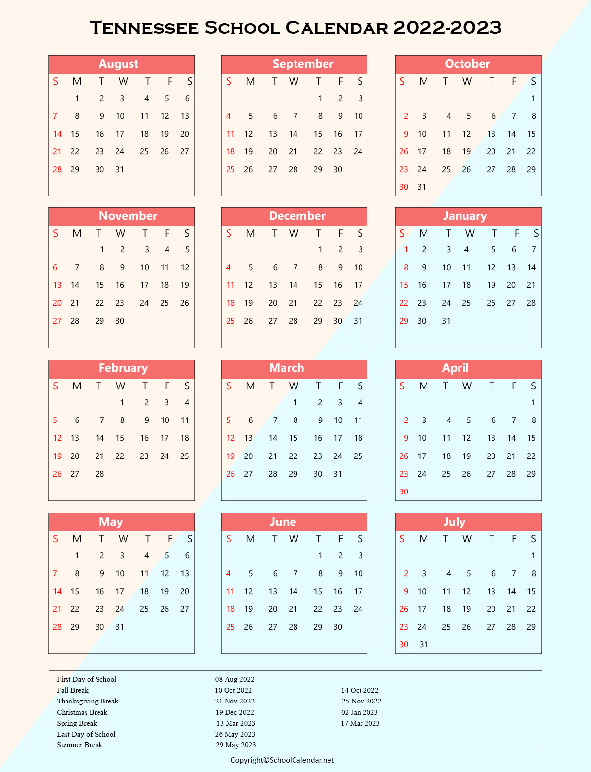 Tennessee School Holiday Calendar 2022