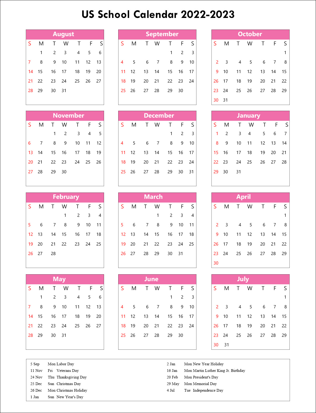 US School Calendar 2023