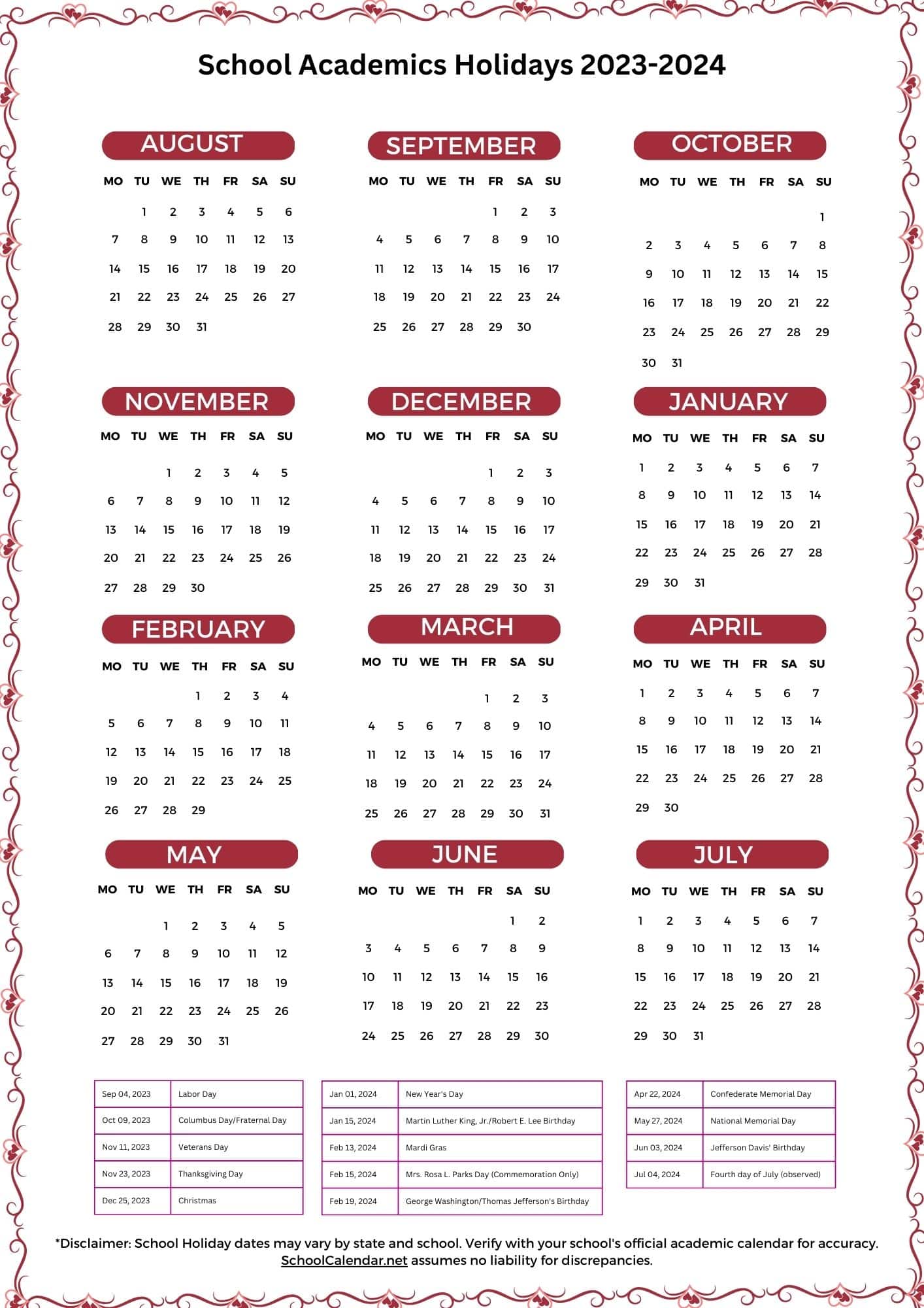 US School Calendar 2023