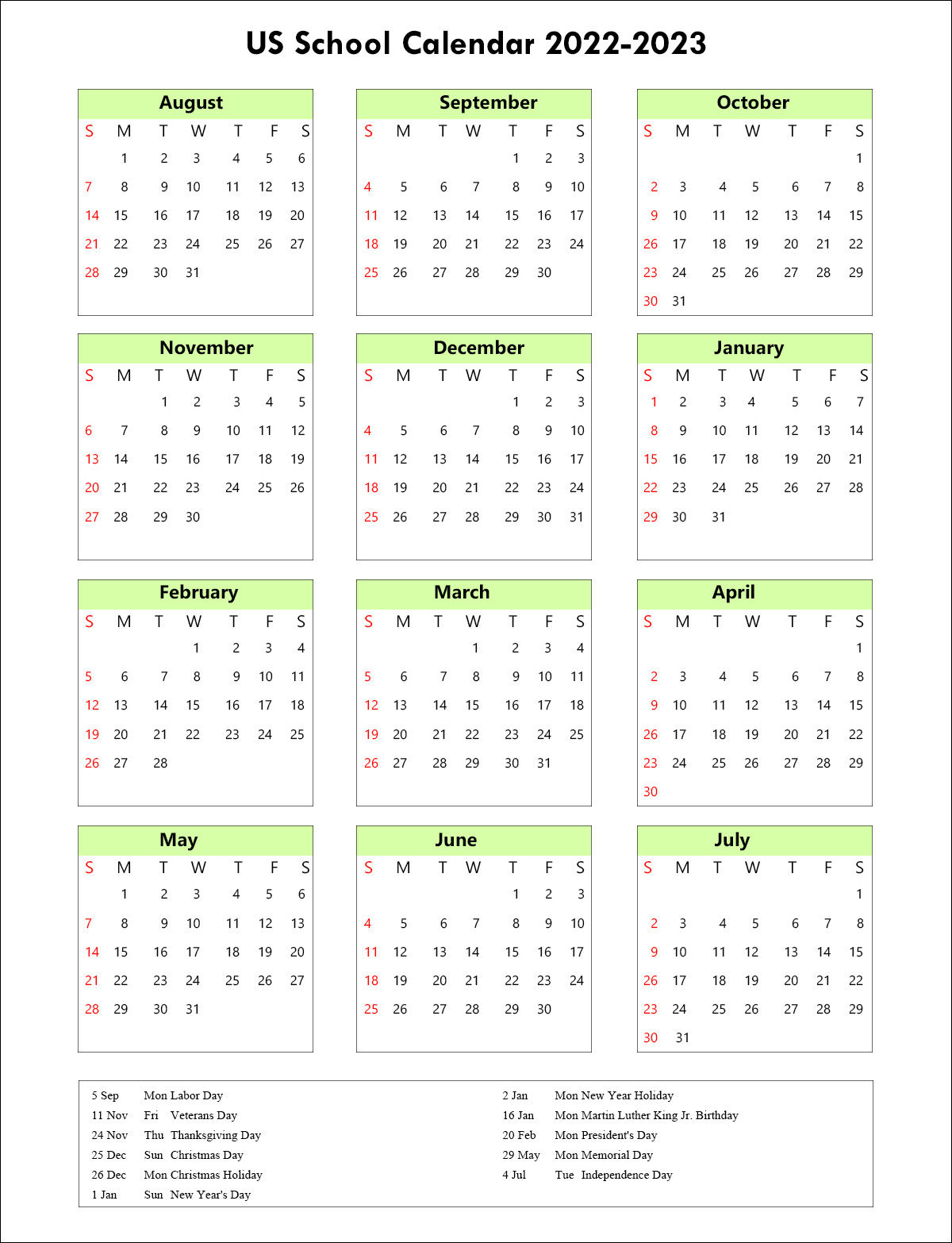US School Holiday Calendar 2023