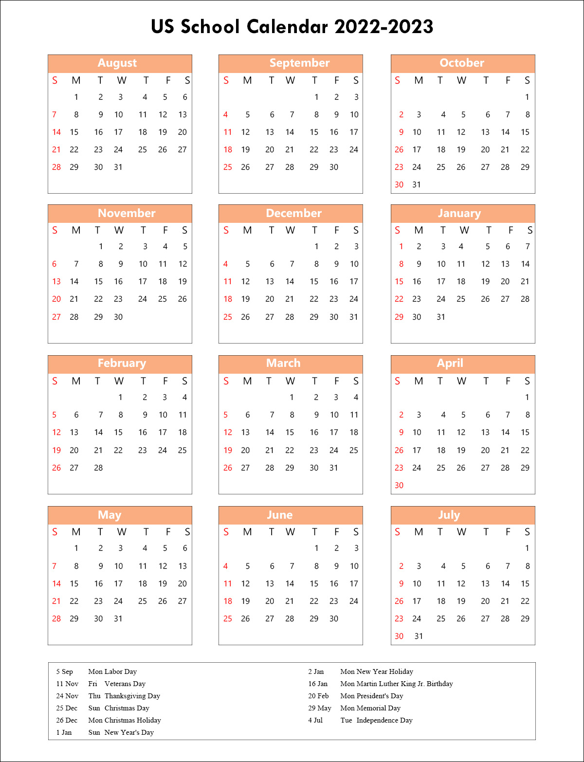 US School Holidays Calendar 2022