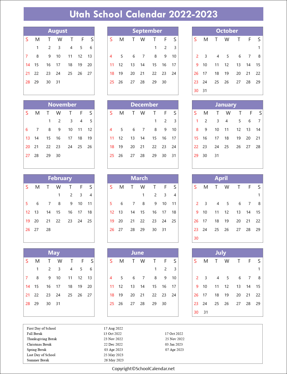 Utah School Calendar 2022