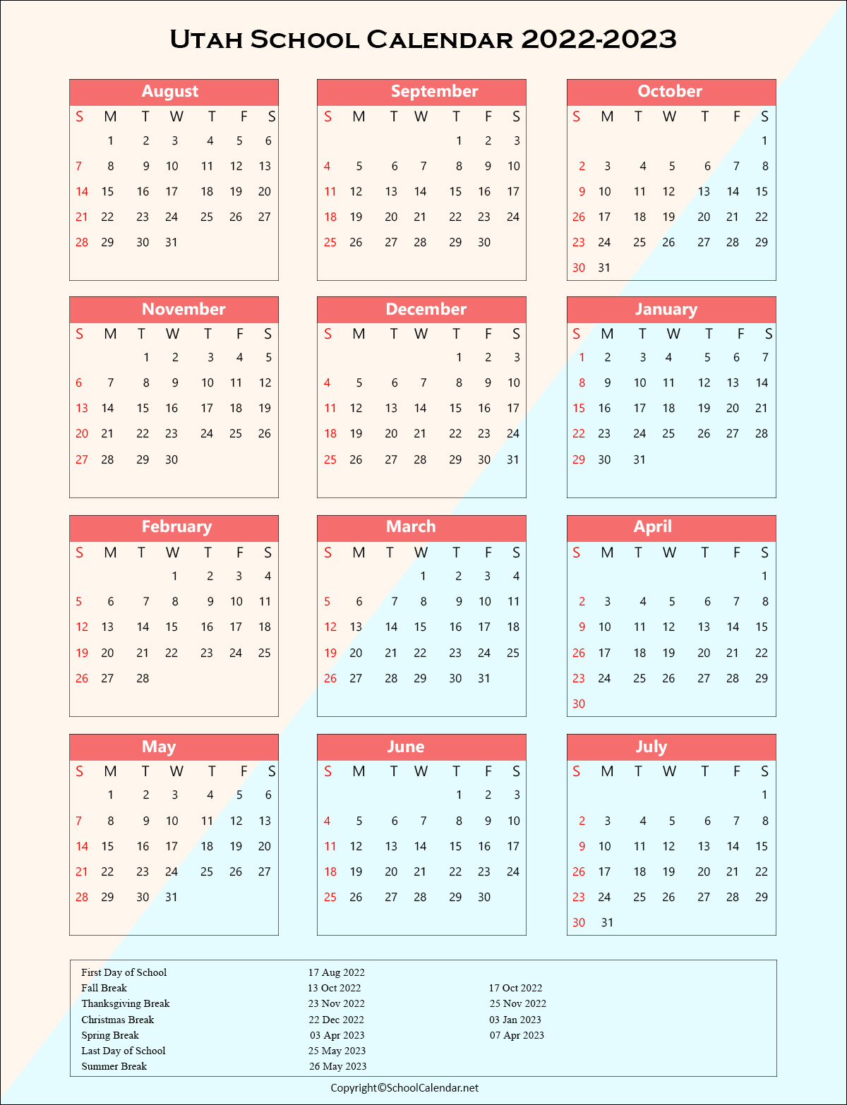 Utah School Holiday Calendar 2022