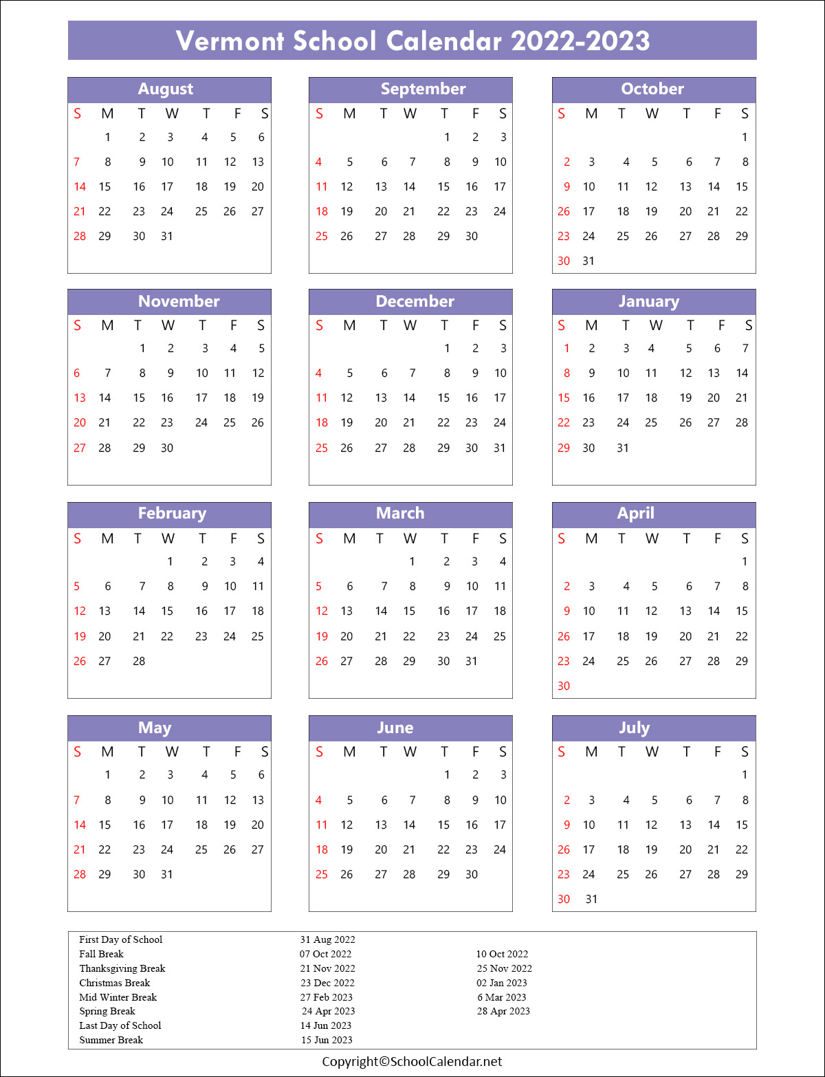 Vermont School Calendar 2022