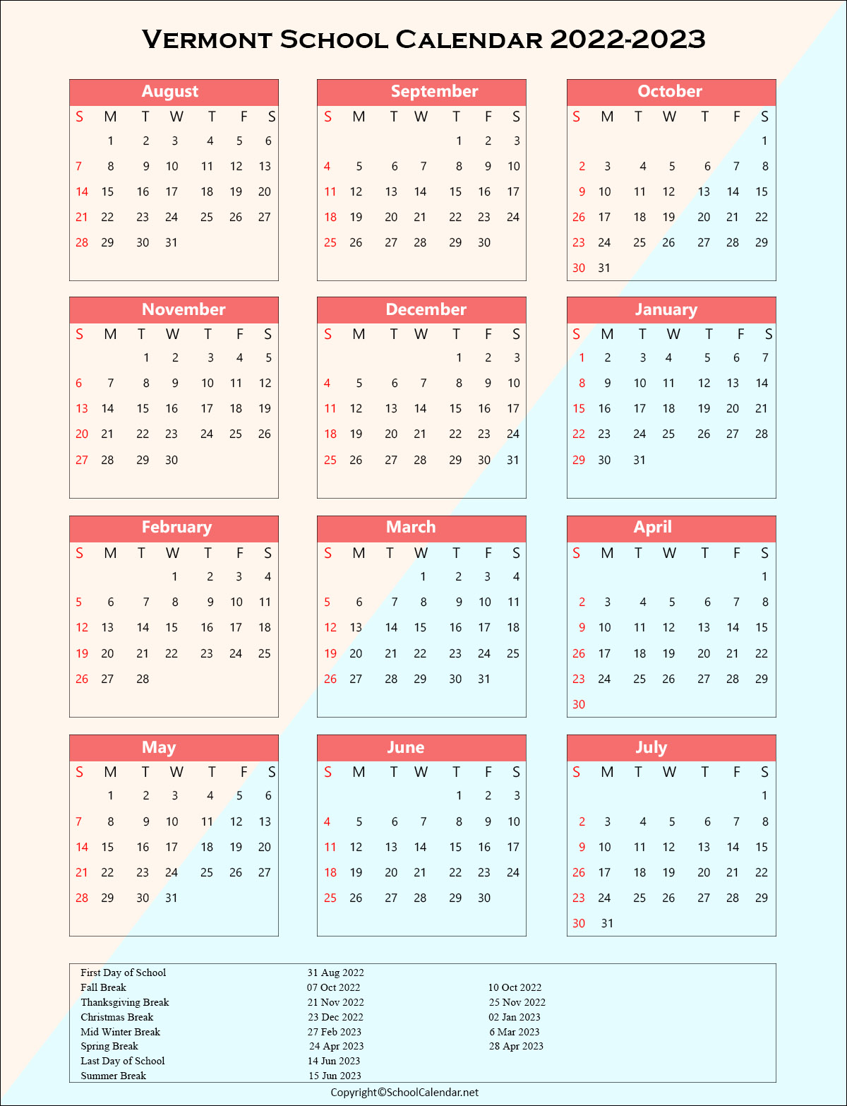 Vermont School Holiday Calendar 2022