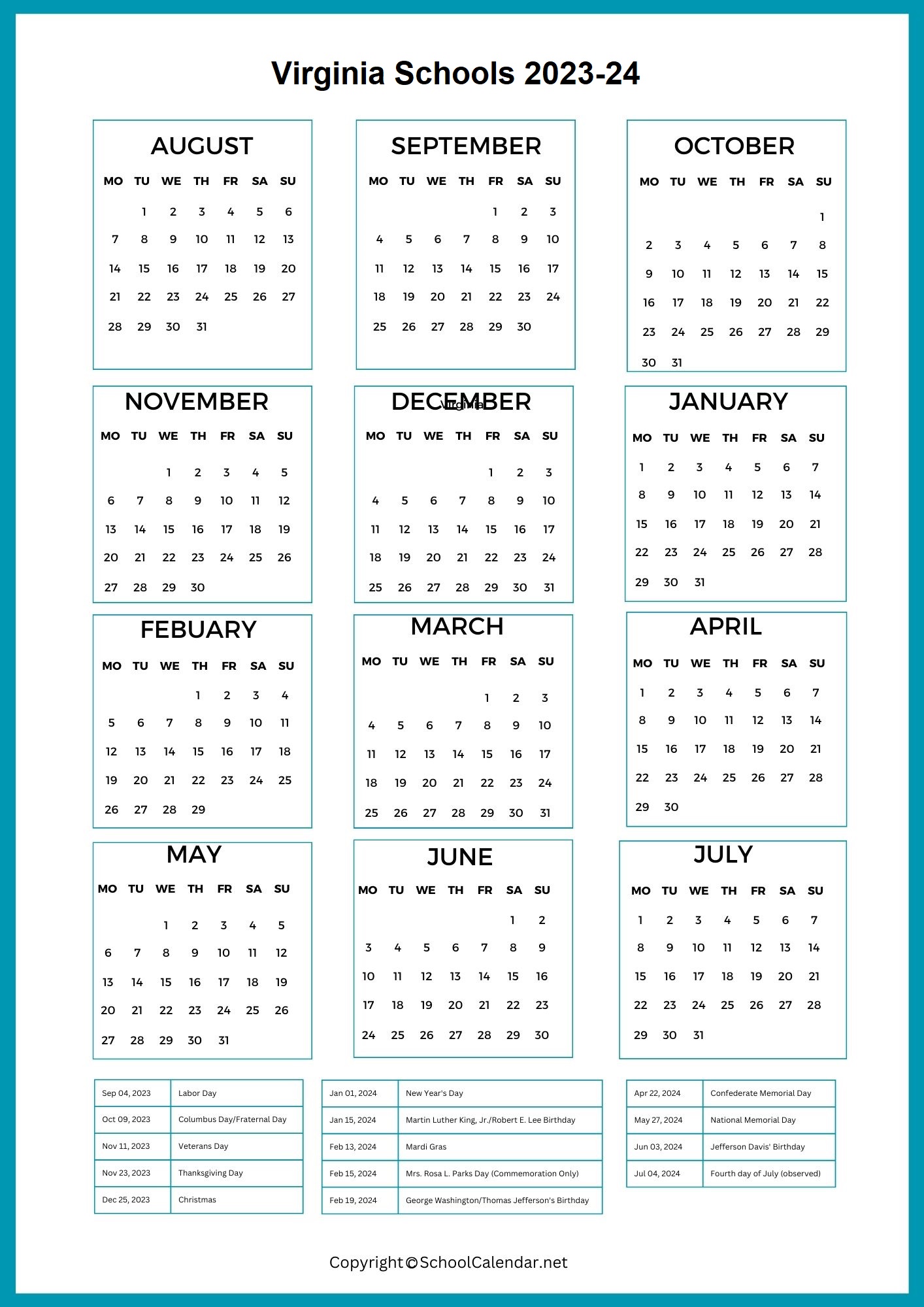 Virginia School Holiday Calendar 2023