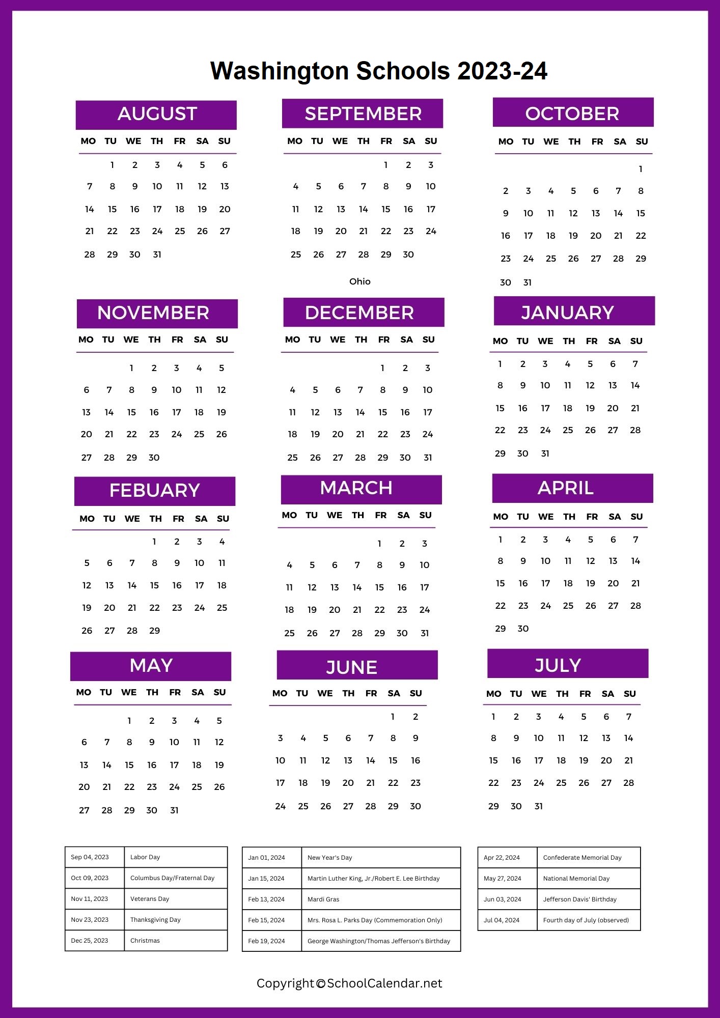 Washington School Calendar 2023