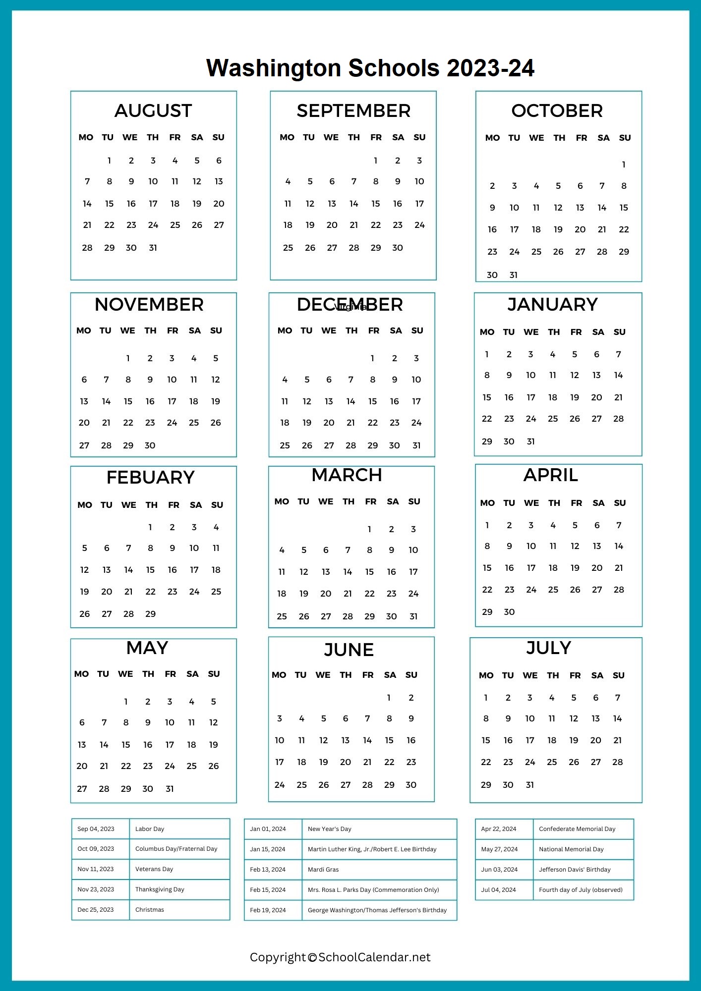 Washington School Holiday Calendar 2023