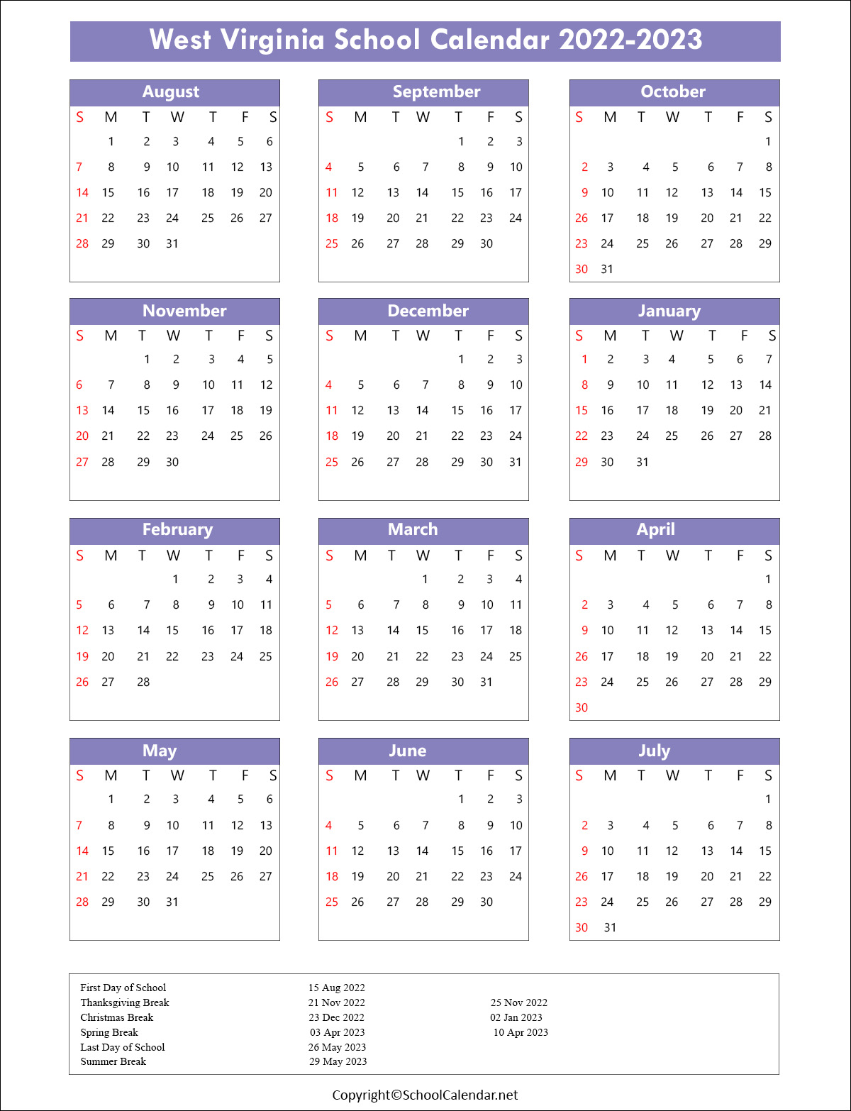 West-Virginia School Calendar 2022