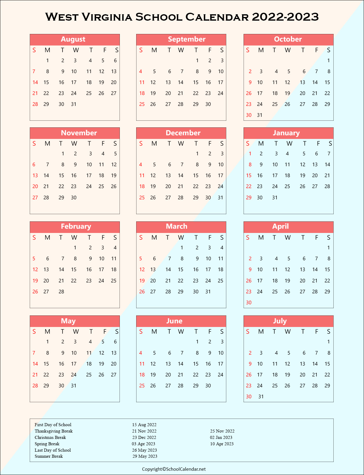 West-Virginia School Holiday Calendar 2022