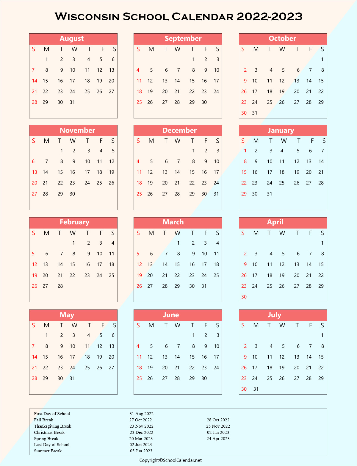 Wisconsin School Holiday Calendar 2022