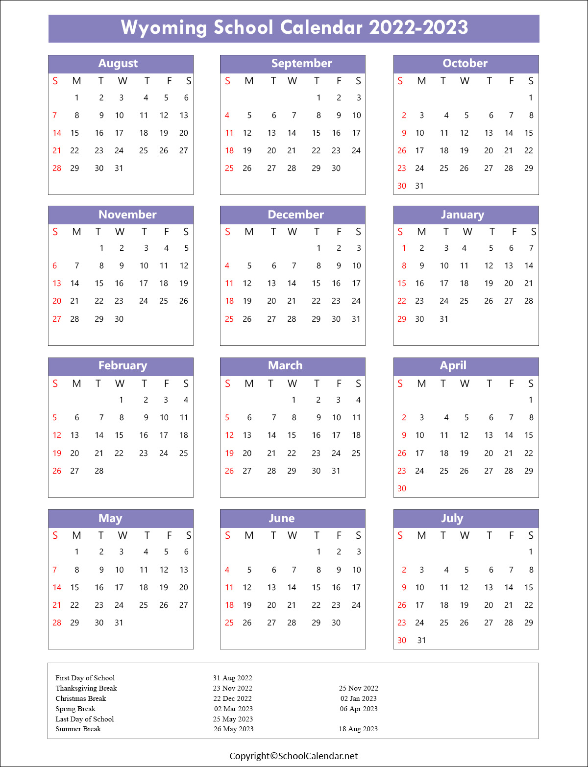 Wyoming School Calendar 2022