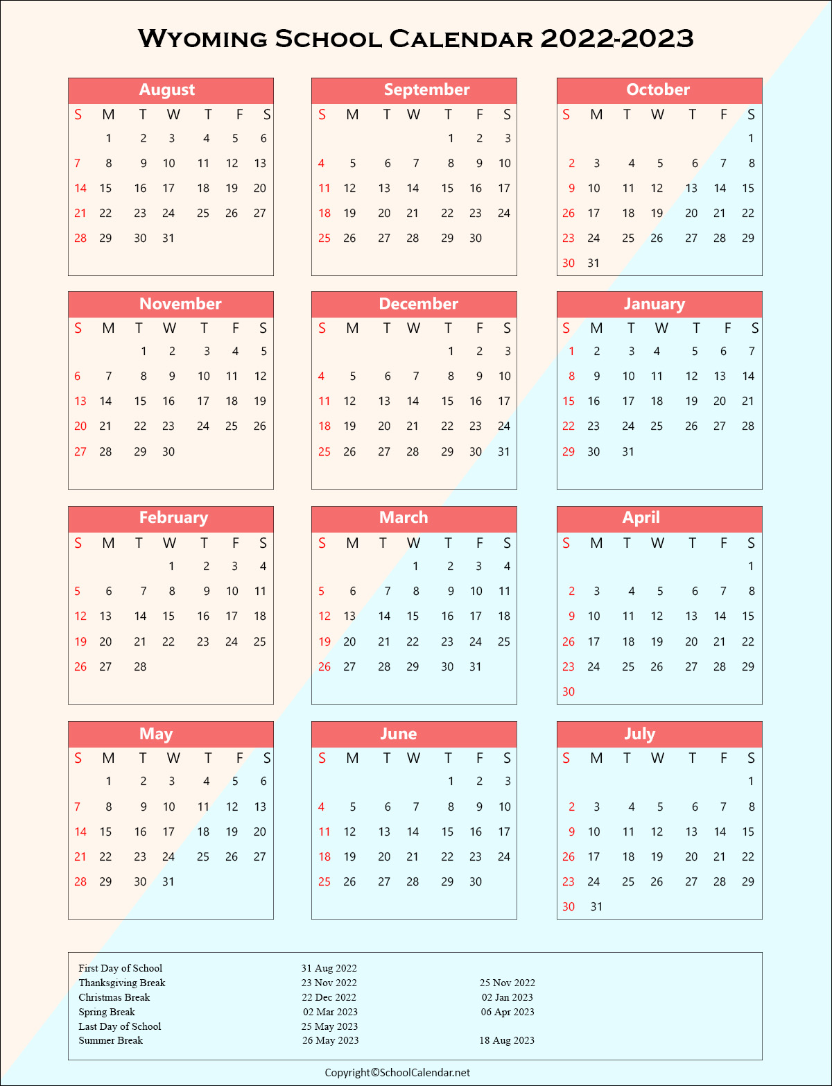 Wyoming School Holiday Calendar 2022